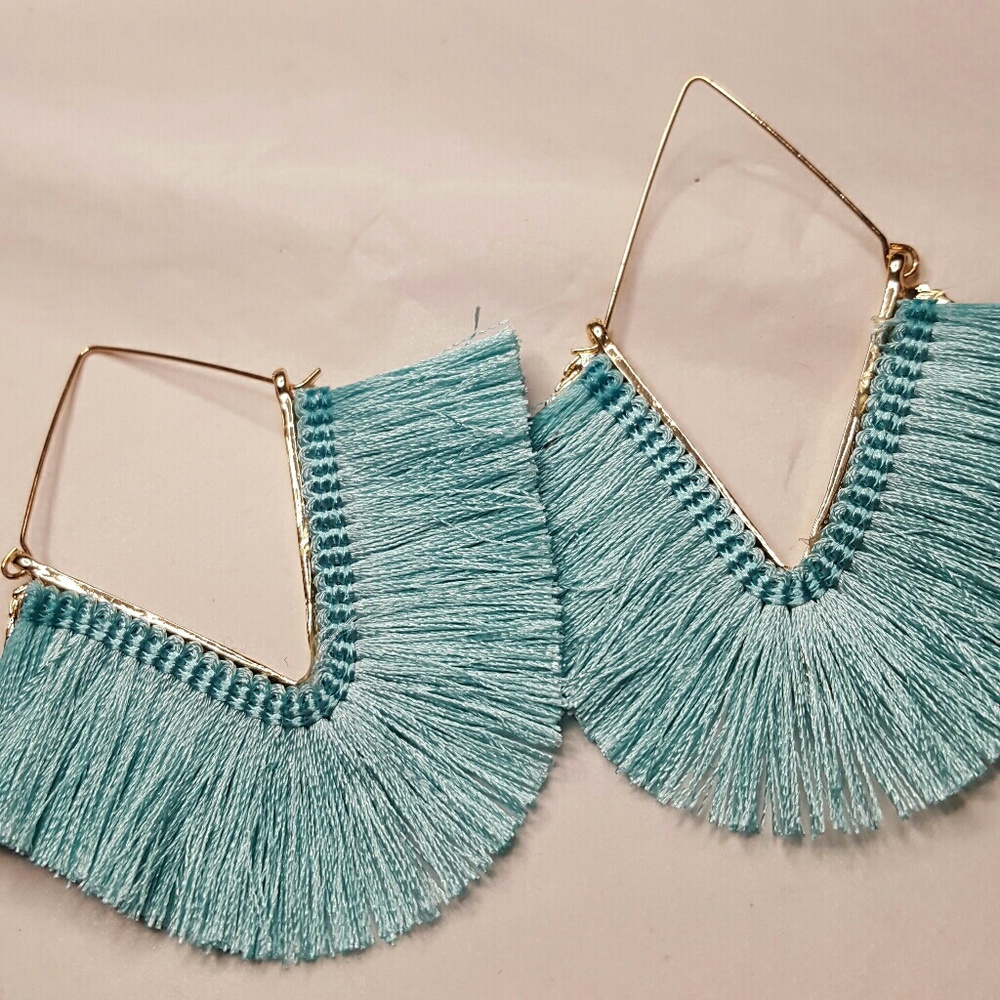 Light Blue V Shape Fringe Earrings - Picture 3 of 4